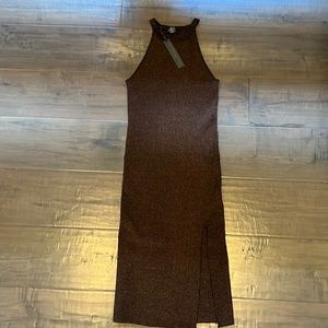 House of Harlow 1960 metallic bronze, ribbed halter dress